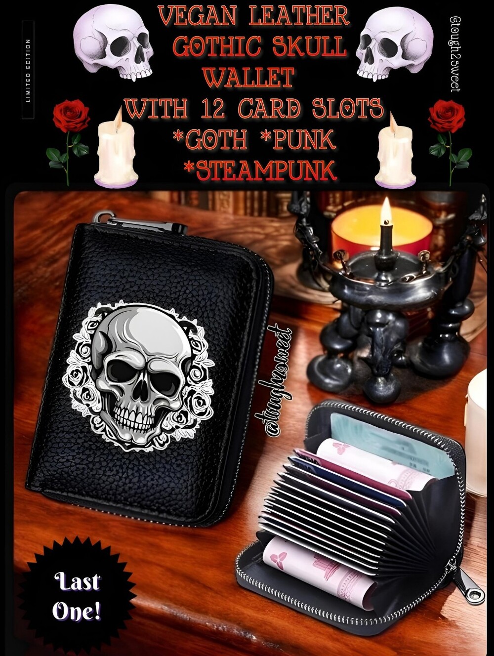 🆕VEGAN LEATHER GOTHIC SKULL WALLET WITH 12 CARD SLOTS:*GOTH *PUNK *STEAMPUNK